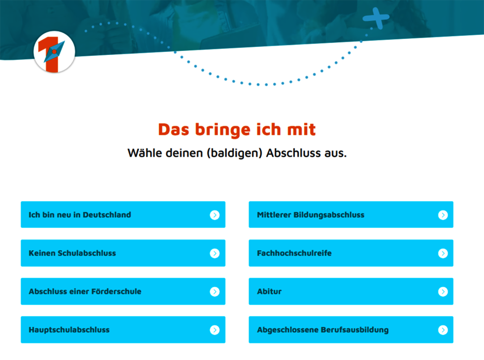Im Zentrum der Webseite steht der Entscheidungsbaum. Ausgehend von ihrem Schulabschluss können sich Jugendliche durch weitere mögliche Bildungsoptionen klicken.