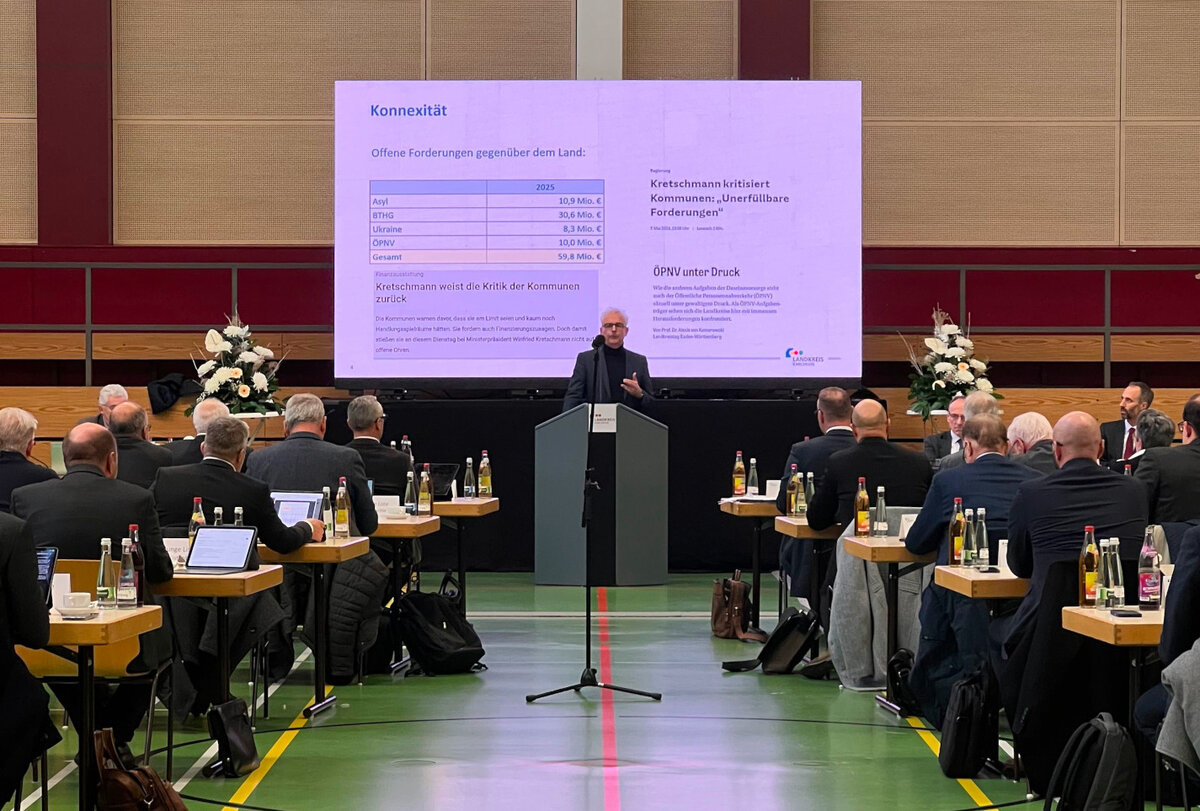 Bei der Haushaltseinbringung im November 2025 machte Landrat Dr. Christoph Schnaudigel vor dem Kreistag deutlich, wie hoch die offenen Forderungen gegenüber dem Land Baden-Württemberg sind.