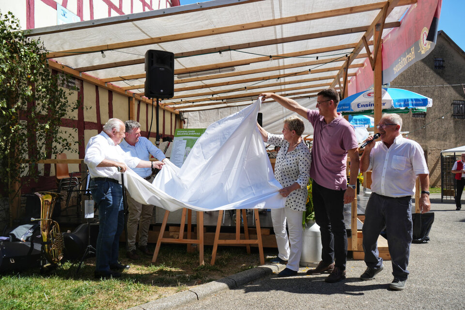 Landrat Ian Schölzel, Martin Tuffentsammer, Veronika Grossenbacher und der Forchtenberger Bürgermeister Michael Foss enthüllen die neuen Informationstafeln des Hohenloher Bauernlehrpfades.